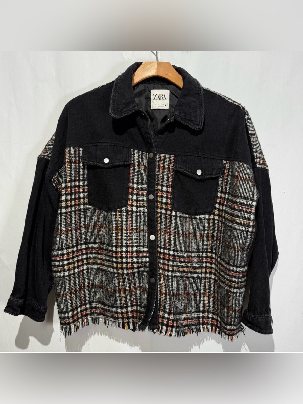 ZARA  Black Denim Tweed Plaid Shacket Shirt Jacket Snap Front Wool Blend Sz L